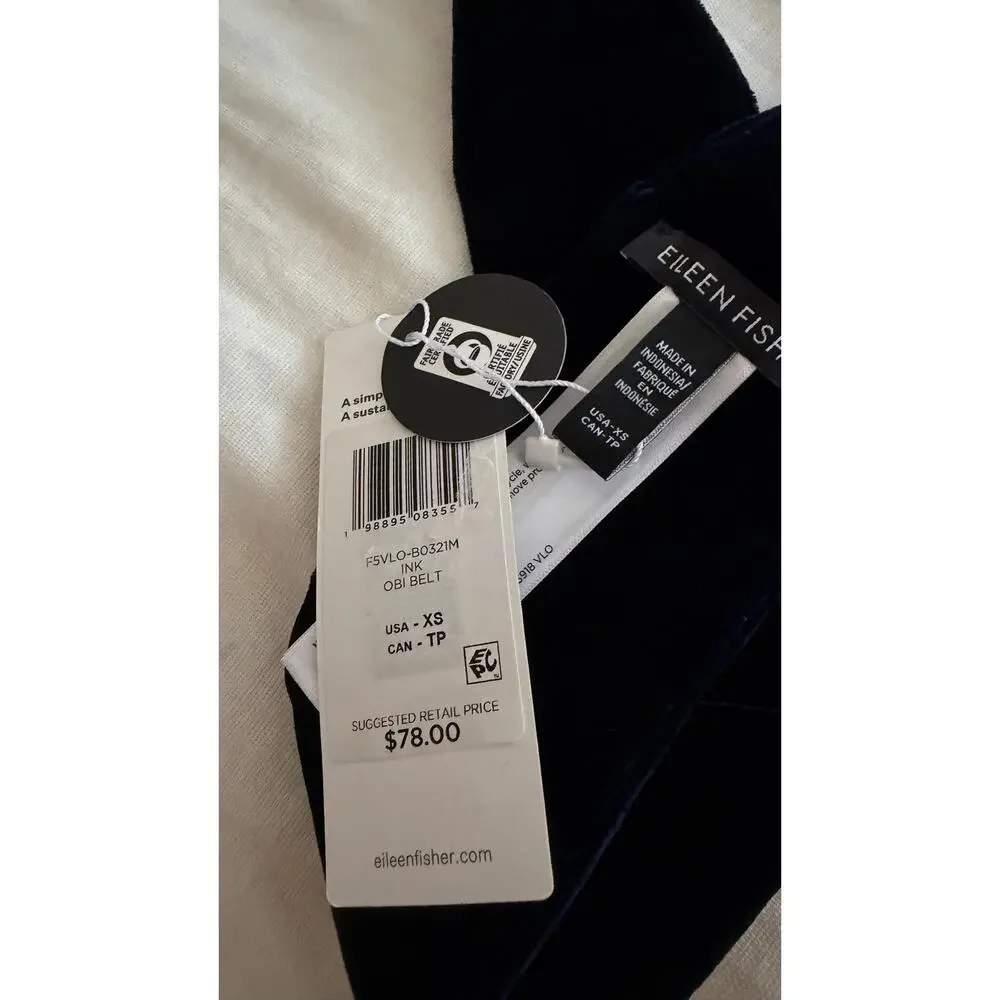 Eileen Fisher Velvet Wrap Belt Ink Navy Blue Silk Blend Obi Sash XS NWT $78
